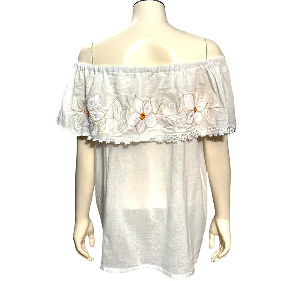 Handmade Off Shoulder White Cotton Blouse Floral Embroidery Back Lace Trim Large - Picture 3 of 7